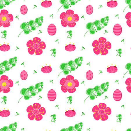 Seamless pattern of bright pink flowers and eggs, hand-painted elements. Easter. Spring. Flowers and colorful eggs. vector in cartoon style. Flowers, buds and leaves on white backgroundのイラスト素材