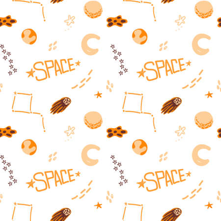 Seamless pattern of hand-drawn space elements. open space. vector in cartoon style. Hand drawn inscription. Planets, comets, asteroid and stars around on white backgroundのイラスト素材