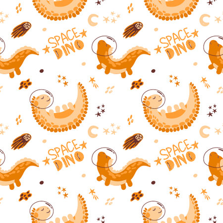 Seamless drawing of cute dinosaur astronauts. vector in cartoon style. Dinosaur astronaut with planets, comets, asteroids and stars around on white backgroundのイラスト素材