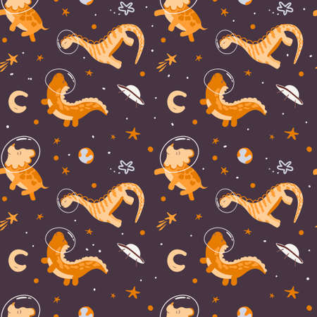 Seamless pattern of cute dinosaur astronauts. Vector in cartoon style. Dinosaur astronaut with planets, comets and stars around. Can be used for greeting cards, childrens fashion, textiles, fabrics.のイラスト素材