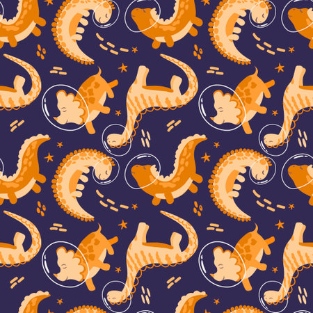 Seamless pattern of cute dinosaur astronauts. Vector in cartoon style. Dinosaur astronaut with planets, comets and stars around. Can be used for greeting cards, childrens fashion, textiles, fabrics.のイラスト素材