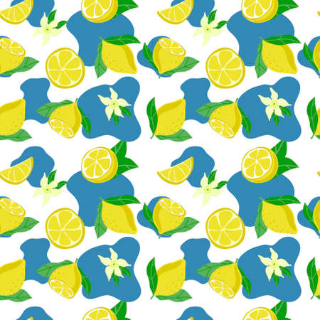 Seamless pattern of bright lemons, hand-drawn elements. Summer. Yellow lemons with leaves and flowers on white background. Lemonade. Suitable for textiles and packagingのイラスト素材