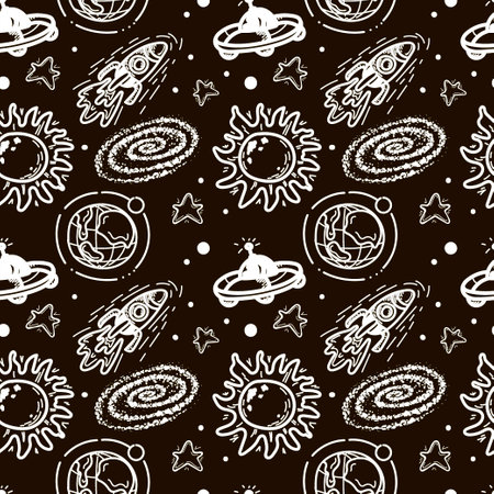 Seamless pattern of rockets, planets, comets, asteroids and stars. vector in cartoon style. blackhole. Sun. stars. Solar system on a black background. Can be used for greeting cards, children'sのイラスト素材