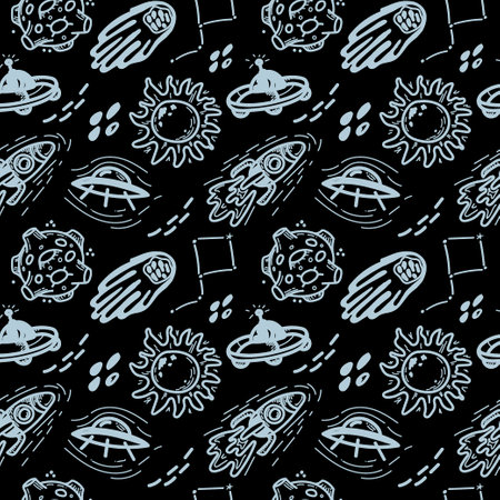 Seamless drawing of flying transport, planets, comets and stars. vector in cartoon style. Rocket flying saucer. Space objects on black background. Can be used for greeting cards, children's fashionのイラスト素材