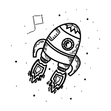 A simple icon of a spaceship, a rocket. Hand-drawn sketch in the style of a rocket flying in space. Space transport isolated vector illustrationのイラスト素材