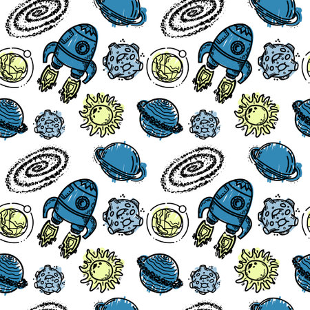 Seamless pattern of rockets, planets, comets, asteroids and stars. vector in cartoon style. Sun. stars. Solar system on white background. Can be used for greeting cards, children's fashionのイラスト素材