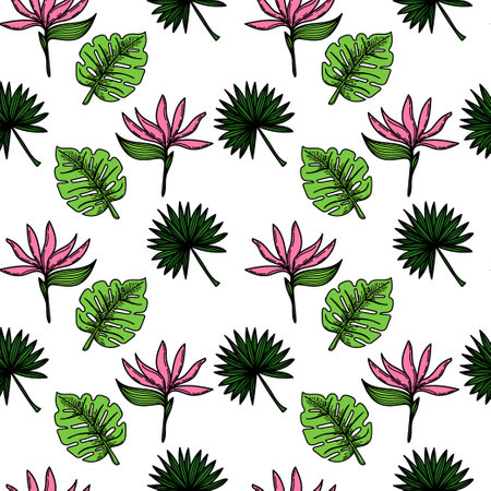 A seamless pattern of a tropical strelitzia flower, palm trees, and leaves. Hand-drawn doodle-style elements, bright flower and greenery. Tropics. Strelitzia. isolated vector illustrationのイラスト素材