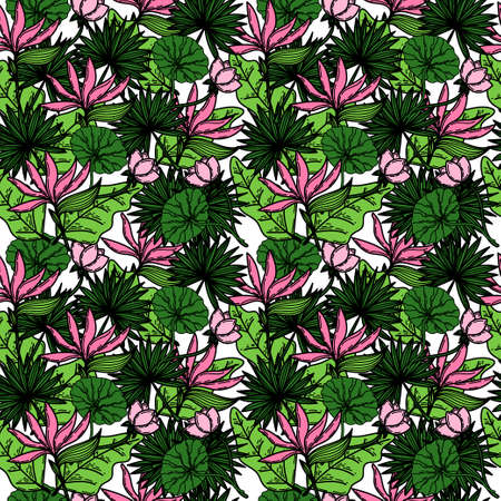 Seamless pattern of tropical strelitzia flower, palm tree leaves, lotus leaves and foliage. Hand-drawn doodle-style elements, bright flower and greenery. Tropics. Summer. Strelitzia. isolated vectorのイラスト素材