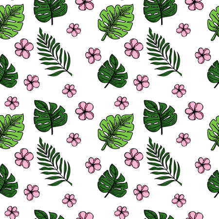 A seamless pattern depicting a tropical flower, palm tree, and leaves. Hand-drawn doodle-style elements, bright flower and greenery. Tropics. exotic flowers. isolated vector illustrationのイラスト素材