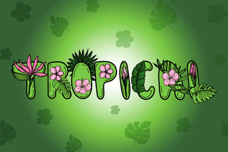 Background with stylized lettering, decorated with strelitzia and hibiscus flowers, tropical palm leaves, monstera. Hand-drawn carrot elements. Bright vector illustration.のイラスト素材