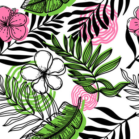 Seamless pattern of abstract tropical elements hand-drawn in sketch style. Monochrome spots. Bright strelitia flowers, palm leaves and foliage. Tropics. Summer. Strelicia. isolated vectorのイラスト素材
