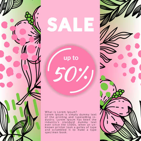 Summer discount banner with tropical leaves and flowers. Great design for summer sale ads, business for summer accessory stores. Corporate style for beach stores.のイラスト素材