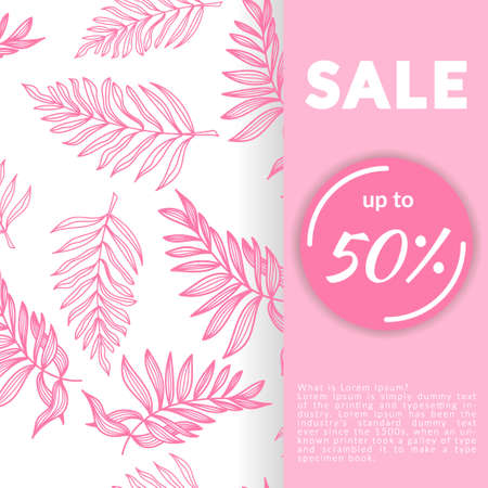Banner with discounts in a summer style. With tropical leaves and flowers. Great design for summer sale ads, business for summer accessory stores. Corporate style for beach stores.のイラスト素材