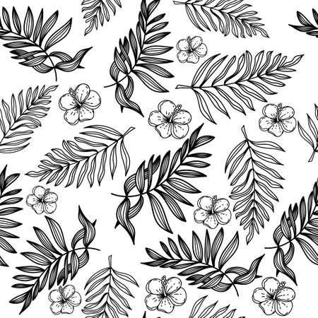 Seamless pattern of tropical leaves and flowers hand-drawn in sketch style. Palm leaves, lotus leaves and foliage. Monochrome. Tropics. Summer. Isolated vector.のイラスト素材