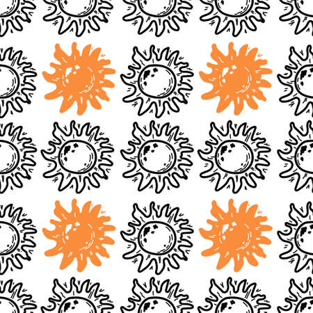 Seamless pattern of stylized planets, hand-drawn in sketch style. Sun. star. Monochrome elements on white backgroundのイラスト素材