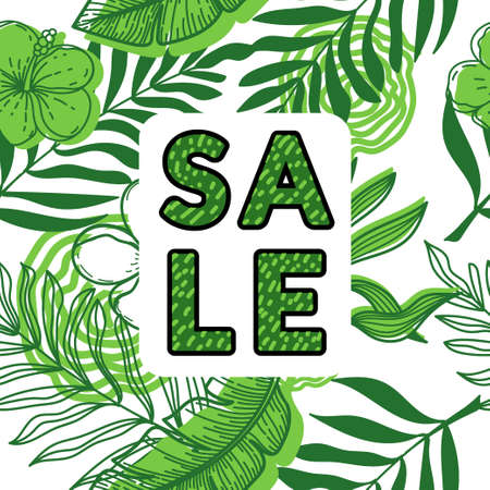 Discount banner, discount poster decorated with monochrome tropical leaves and strelitzia flowers. Tropical palm leaves, monster and hand-drawn sketch elements. vector illustrationのイラスト素材