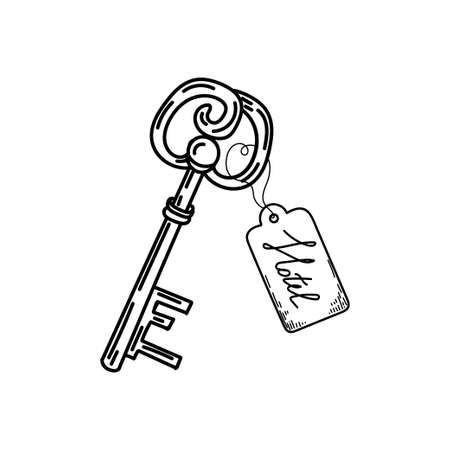 Vintage hotel key, hand-drawn doodle style. decorative key. icon. simple vector illustrationのイラスト素材