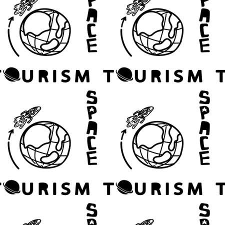 A seamless pattern of a planet with a rocket and stylized lettering, hand-drawn doodle. space tourism. A rocket taking off around the earth. Spaceのイラスト素材