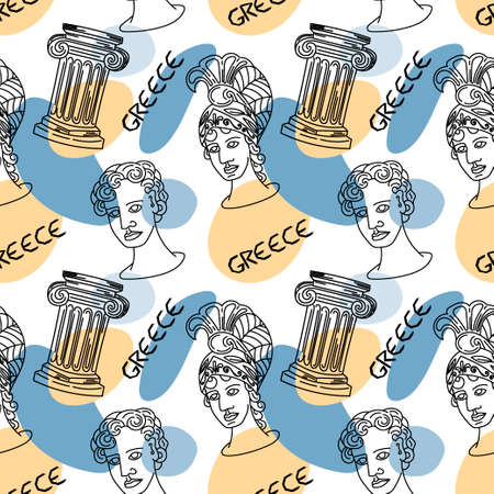 A demonic pattern of ancient Greek goddesses' heads, drawn in doodle style. Athena. Handwritten inscription of Greece. Ancient Greece and Rome, tradition and culture. Linear trend of ancient surfaceのイラスト素材