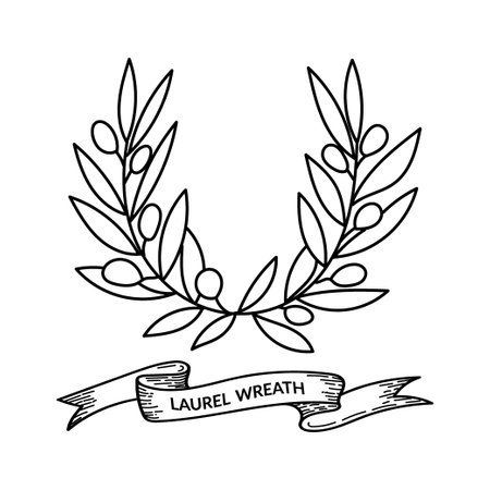 Laurel wreath. Vector hand drawn laurel wreath isolated on white background. Ribbon with inscription. Doodle style. Contoured floral frameのイラスト素材