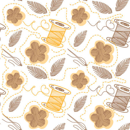 Seamless pattern of thread, needles, and embroidery, hand-drawn doodle elements in sketch style. Sewing thread, needle. Sewing. embroidery. flowers and leaves. handmade. Vector simple illustrationのイラスト素材