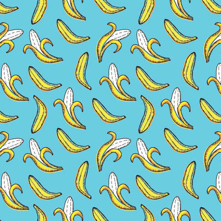 Seamless pattern of bananas whole and open. flat style. Various yellow bananas. Blue-yellow palette. Suitable for bright fabrics, paper and wallpaper for wall decorのイラスト素材