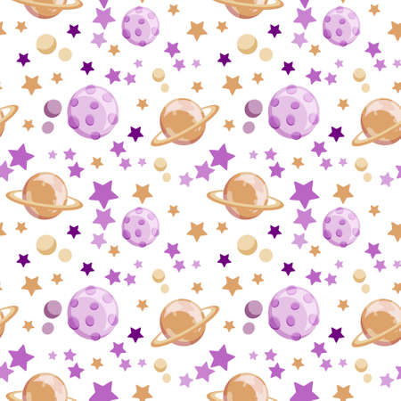 Seamless pattern on a white background. planets and stars. Saturn. vector in flat style. space elements. space day. Suitable for children's textiles, packagingのイラスト素材