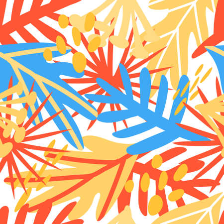 Seamless pattern of abstract tropical elements hand-drawn in doodle style. Monochrome spots in the form of tropical leaves and flowers. Bright colors. Tropics. Summerのイラスト素材