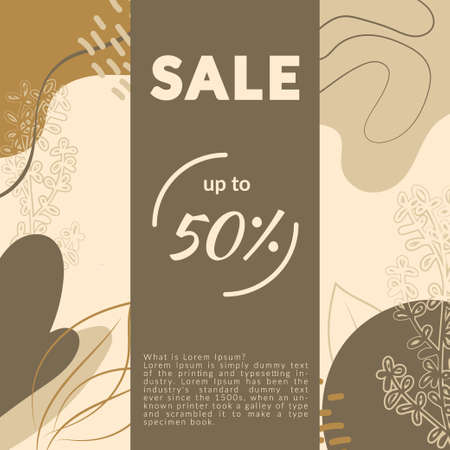 Template poster, packaging, sales, on background with abstract spots and plant elements, hand-drawn. Icons for social networks. Invitation, postcard, packaging optionのイラスト素材