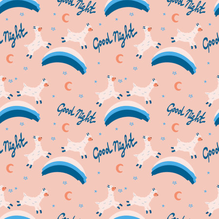 Seamless pattern with llamas, drawn element in cartoon style. Animals jumping on a rainbow against a white background. The lettering is handwritten. Stars, llamas and rainbowsのイラスト素材