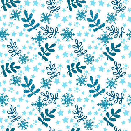 Christmas seamless pattern on white background. Beautiful twigs, stars, snowflakes and polka dots. Christmas. flat style vectorのイラスト素材