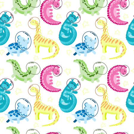 Seamless pattern of cute multicolored sleeping dinosaurs in space. cartoon style vector. Dinosaur astronaut with stars around on white backgroundのイラスト素材