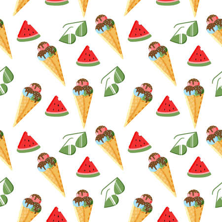 Seamless summer pattern of ice cream, watermelon and sunglasses. Summer, beach. Vector is made in a flat style. Suitable for textiles and paperのイラスト素材