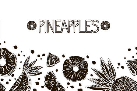 Template with bright pineapples drawn with sketch style doodle elements. Whole pineapple, parts, leaves, slices, core, juice drops. Hand drawn inscription. Vector illustration on white backgroundのイラスト素材