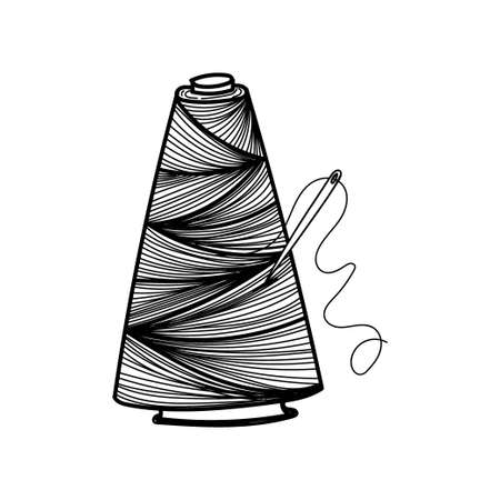Large bobbin of thread with needle, hand-drawn in sketch style. Cross-winding the thread. Needle work. Sewing. thread. Needle. Vector simple illustrationのイラスト素材
