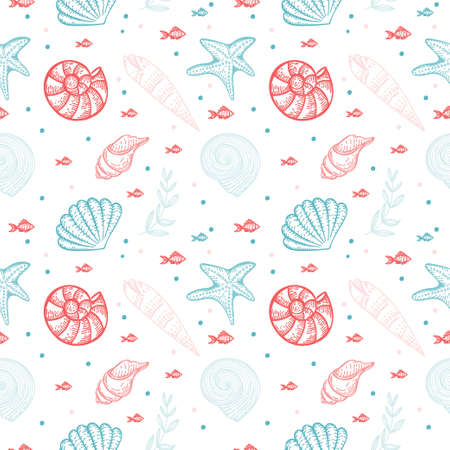 Seamless pattern, hand-drawn sea creatures in sketch style. Shells and seaweed. pastel palette....