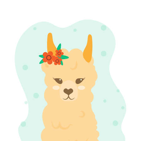 Cute llama in love with flowers on her head. Flat style vector. Postcard with peas and cute animals. Suitable for children's illustrations and t-shirt printingのイラスト素材