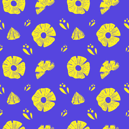 Seamless pineapple pattern, drawn doodle elements in sketch style. Pineapple circles, slices, core, juice drops. Vector illustration isolated on bright blue background.のイラスト素材