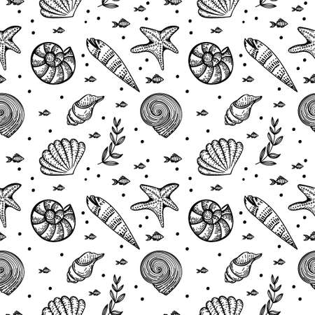 Seamless pattern, hand-drawn sea creatures in sketch style. Shells and seaweed. white background. isolated. Summer. ocean. flat design. vector illustrationのイラスト素材