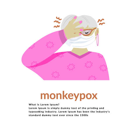Elderly woman wearing a mask, holding her head. Monkeypox virus is a zoonotic viral disease that can infect humans, nonhuman primates. Monkeypox. vector illustrationのイラスト素材