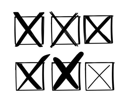 A set of checks. Hand-drawn doodle-style sketch. Voting, yes, no, drawn concept. Check with box, circular element. vector illustrationのイラスト素材