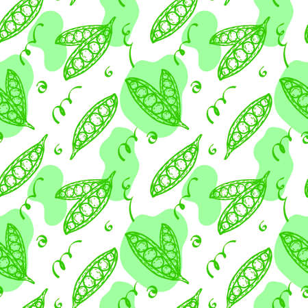 Seamless pattern of green peas and spots, hand-drawn doodle-style elements. Vegetables. Abstract spots in pastel green. green peasのイラスト素材