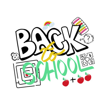 Back to School Supplies collection. A set of doodles for a sketchbook with lettering. Counts, maze, arithmetic symbols. Elements of vector illustration design on sketchbook paper.のイラスト素材