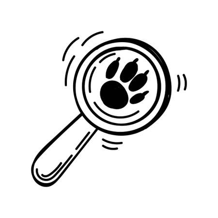 The glass element of the magnifying glass. Scribble style. A trace of a bear or other animal. Hand-drawn vector illustration of a magnifying glass to find a badgeのイラスト素材