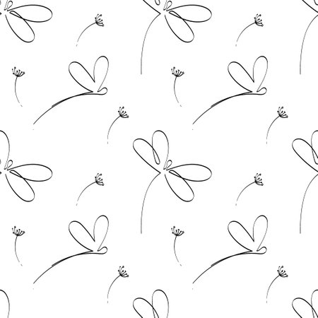 A seamless pattern of stylized dragonflies, hand-drawn doodles. single line drawing. Black and white image. dragonfly and flowers. insect. Summerのイラスト素材