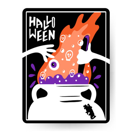 Halloween greeting card with handwritten text. Witch's hands throw ingredients into cauldron, hand-drawn in flat style. A potion is brewing in the cauldron. illustration on black backgroundのイラスト素材