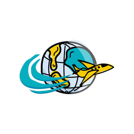 Flying airplane around the globe, hand-drawn doodle. Concept of around-the-world travel. world tourism. Isolated vector object on white backgroundのイラスト素材