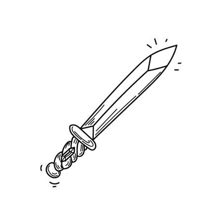 Sword, hand-drawn doodle in sketch style. Ancient edged weapons. Sword of ancient warriors. handled with a gemstone. Greece. Olympus. Gifts of the gods. simple vector illustrationのイラスト素材