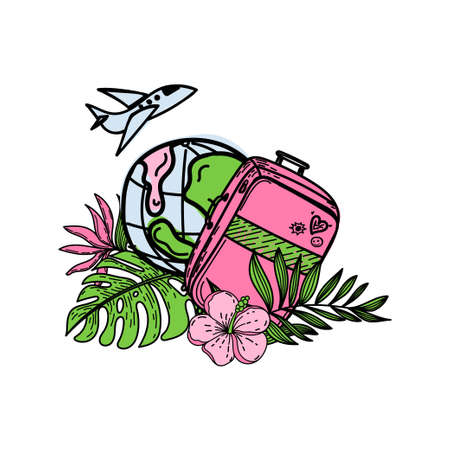 Banner for advertising world tourism, travel with a cartoon suitcase and tropical flowers and leaves. Flying airplane around the Earth. Vector illustration in flat designのイラスト素材