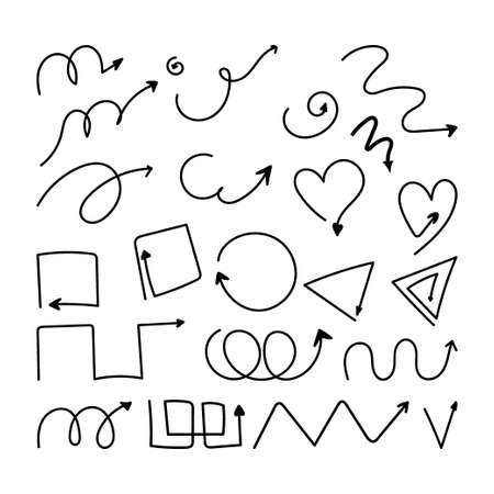 Wavy arrows in various combinations. Arrow lines, arrow hearts, triangles, patterns, squares. Signpost Arrows Design Elementsのイラスト素材